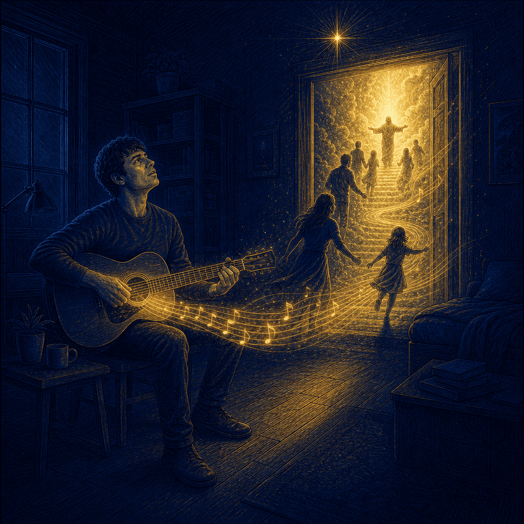 Royal-night inked comic: Dawson playing guitar, warm gold light and sound rising from the instrument and opening like a doorway into God's presence as people are drawn toward it.