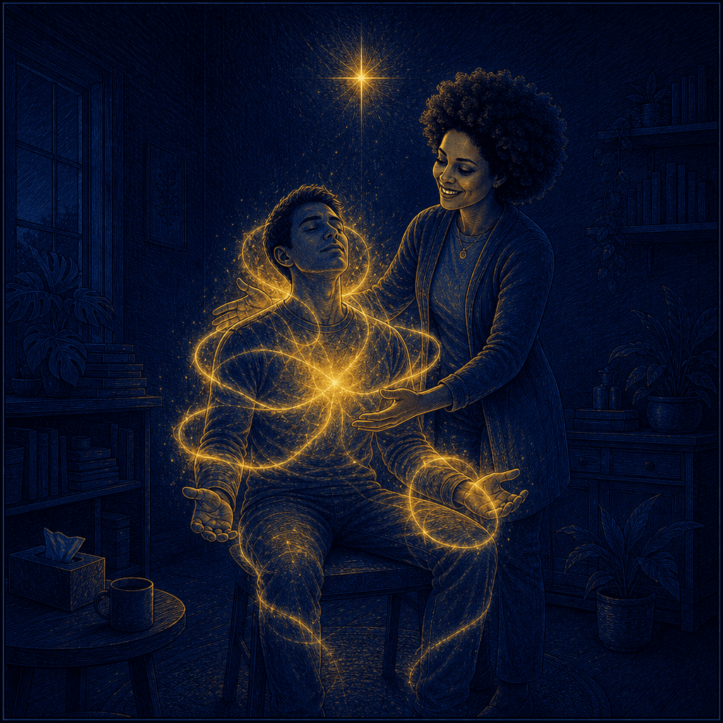 Royal-night inked comic: Joy as a Christ-centered health guide, warm gold light flowing from her hands and wrapping a whole person at once, body and soul and spirit made well as one.