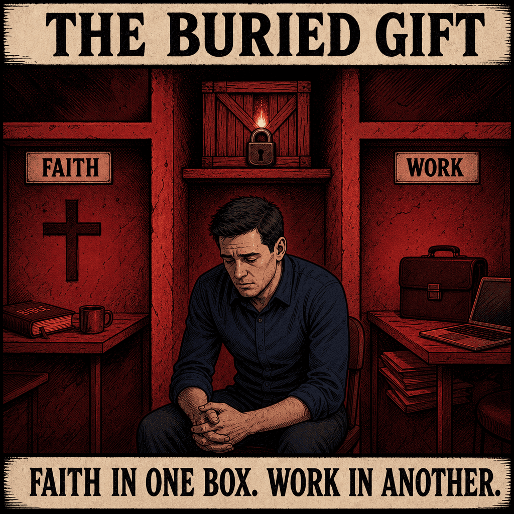 Inked comic in a red alert palette titled The Buried Gift: a drained man sits between a faith box and a work box while his gift stays locked in a crate on the shelf. Caption: faith in one box, work in another.